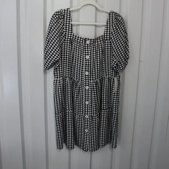 Dex Womens Black White Gingham Tiered Puff Sleeve Button Front miniDress Size XL - Picture 1 of 7